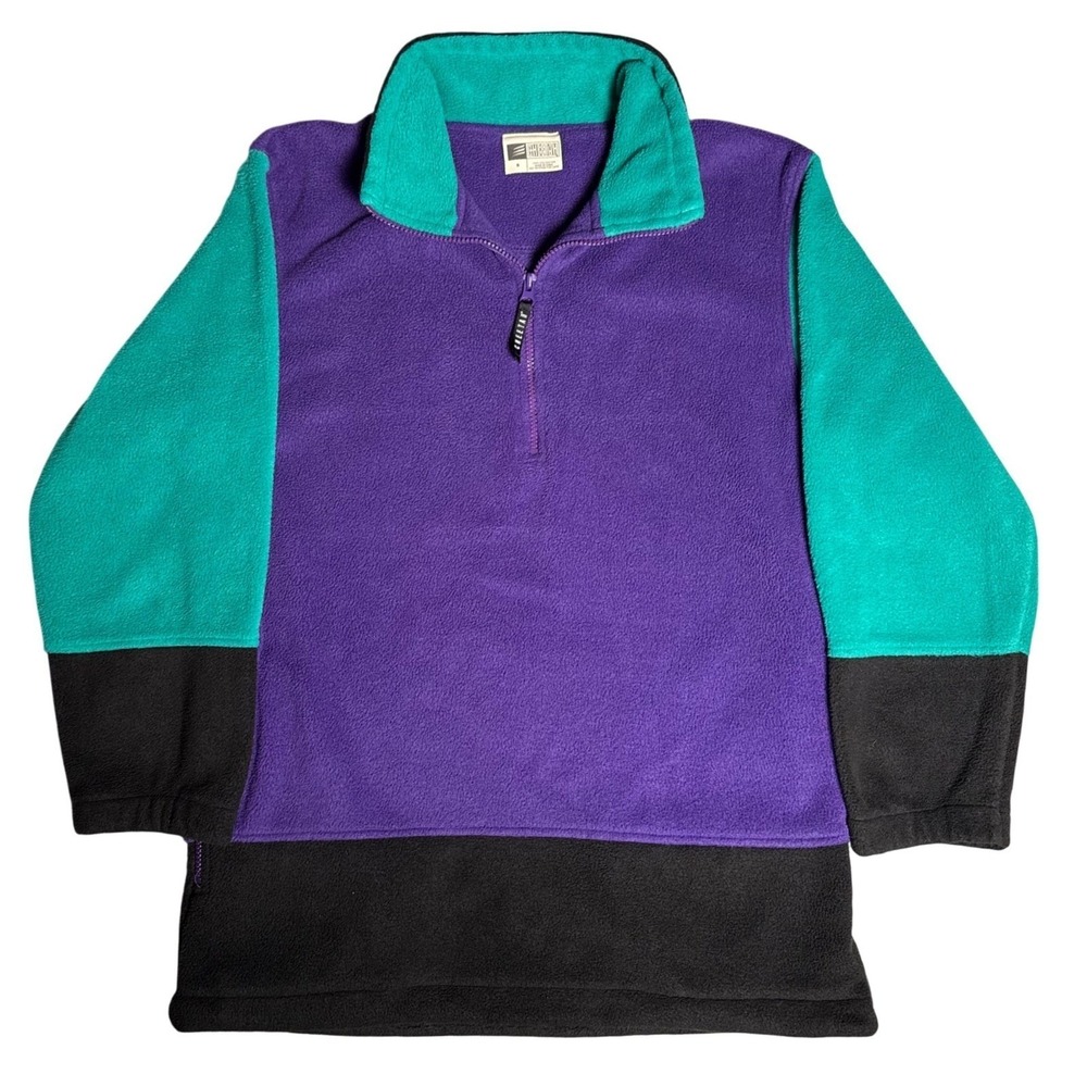 Cheetah Mens Purple Teal Colorblock Fleece‎ Quarter Zip Pullover Sweater Small